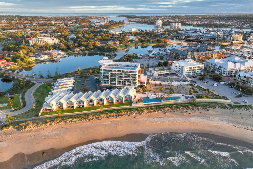 an aerial view of the beach and buildings at Sea Side 104 in Mandurah