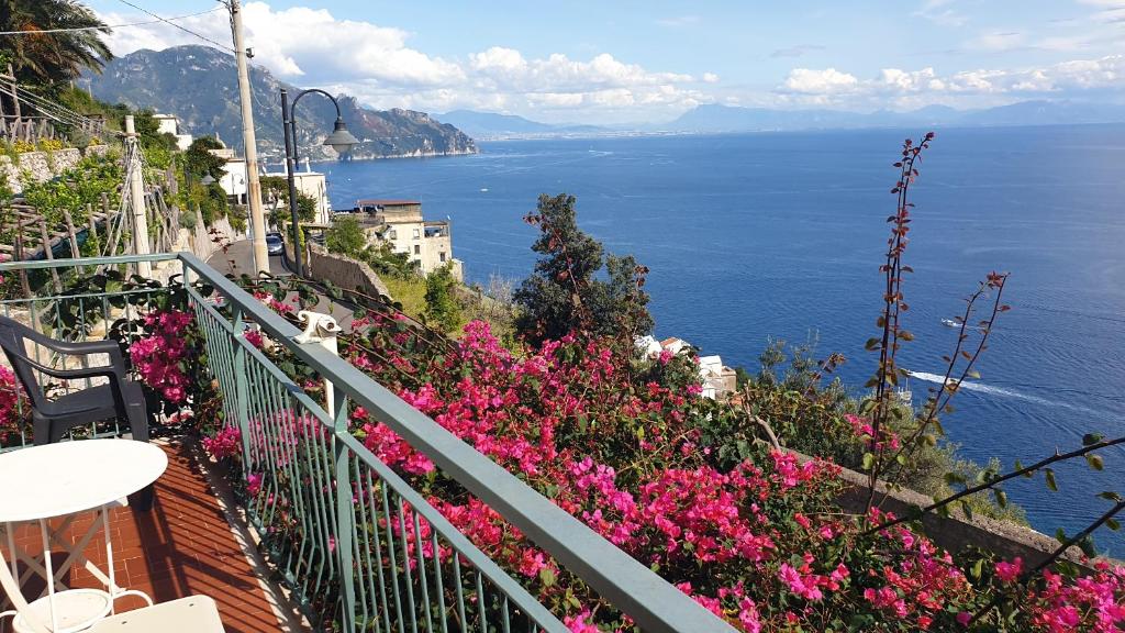 un balcón con flores rosas y vistas al océano. en Amalfi Grace House - seaview, en Amalfi
