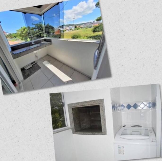 twee foto's van een badkamer met een toilet en een raam bij Praia de Canasvieiras Aluguel Temporada in Florianópolis