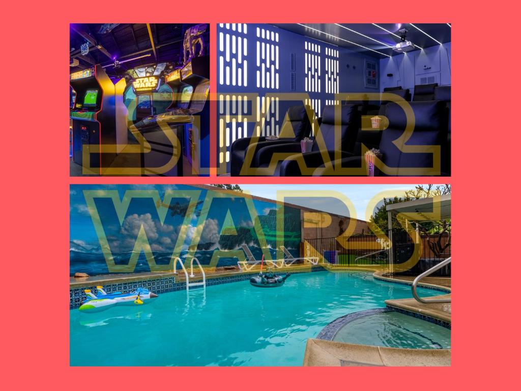 un collage de trois photos d'un parc aquatique dans l'établissement Star Wars: Heated Pool/Spa, Theater, Arcade, à Stanton