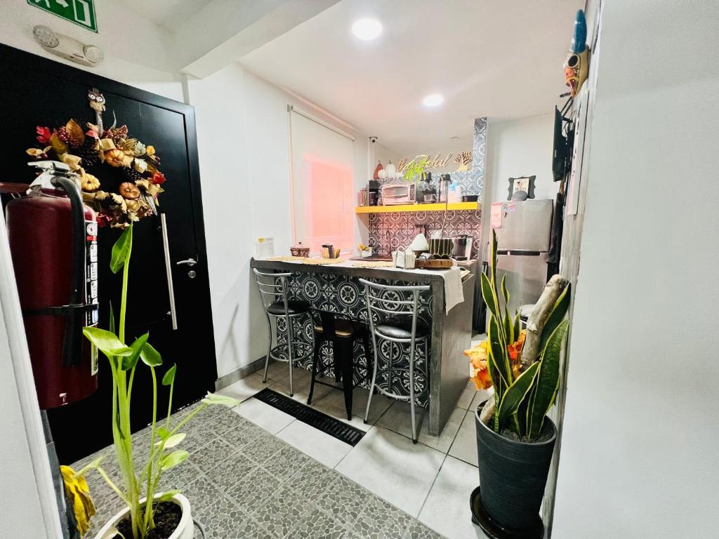 a kitchen with a stove and a counter top at CASA AMBAR in Tijuana