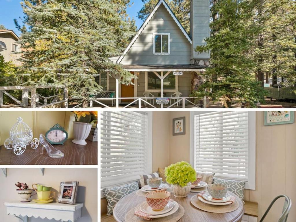 a collage of photos of a house with plantation shutters at Storybook Cottage Near Slopes in Big Bear Lake