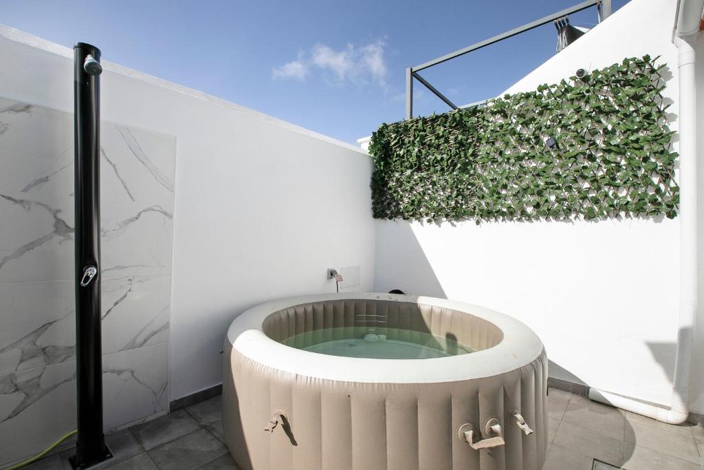 a building with a wellness tub with a green hedge at Casa tia osa in Arico