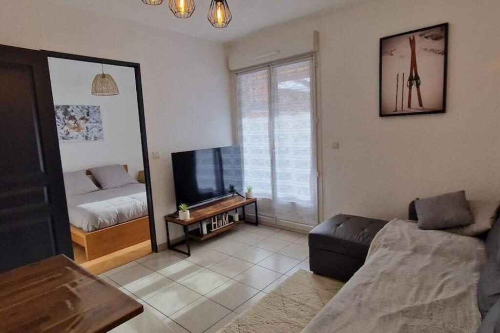 uma sala de estar com um sofá e uma televisão em Appartement cosy rue Pasteur em Briançon