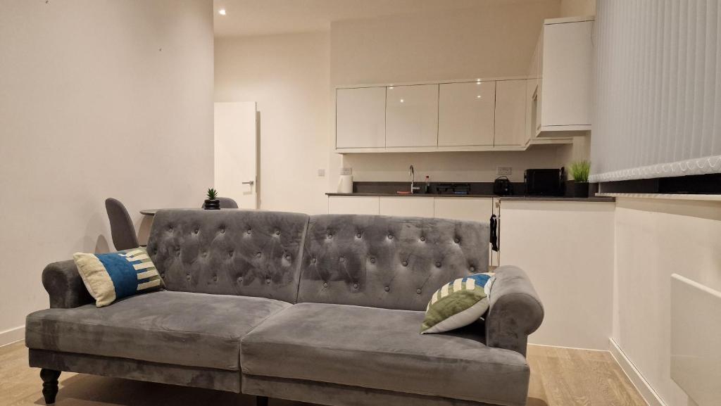 a grey couch in a living room with a kitchen at London Spacious Apartment in Brentford