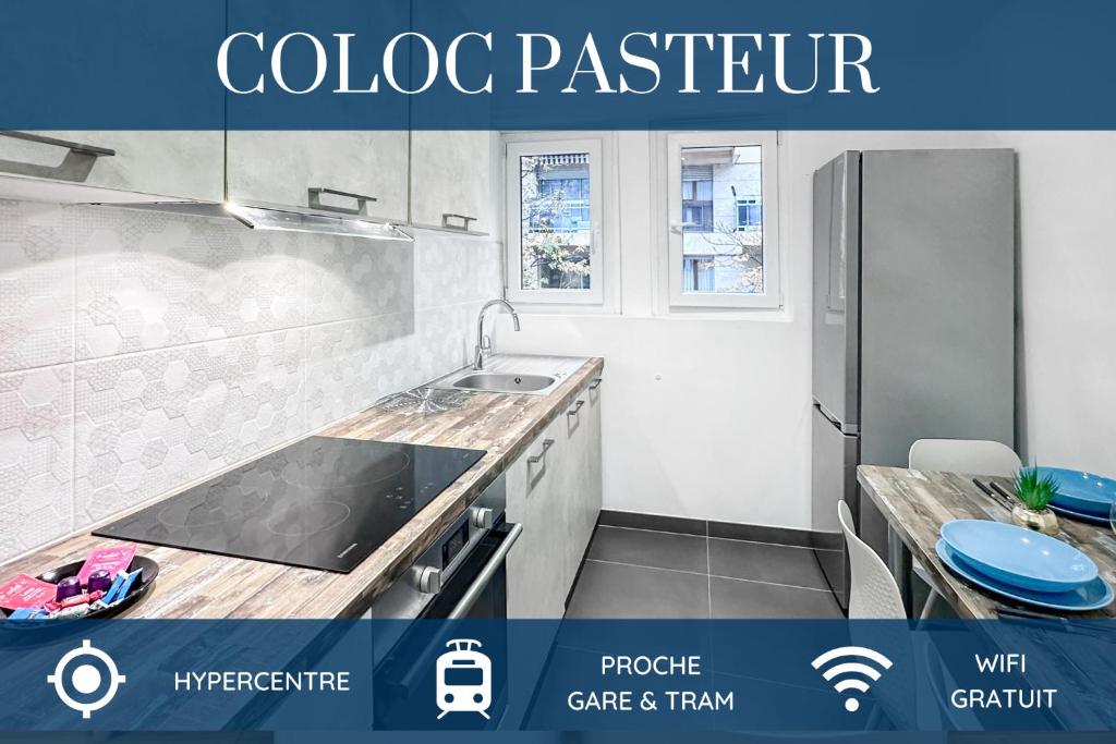 een keuken met een wastafel en een koelkast bij COLOC PASTEUR - Belle colocation de 3 chambres - Hypercentre - Proche Gare et Tram - Wifi gratuit in Annemasse