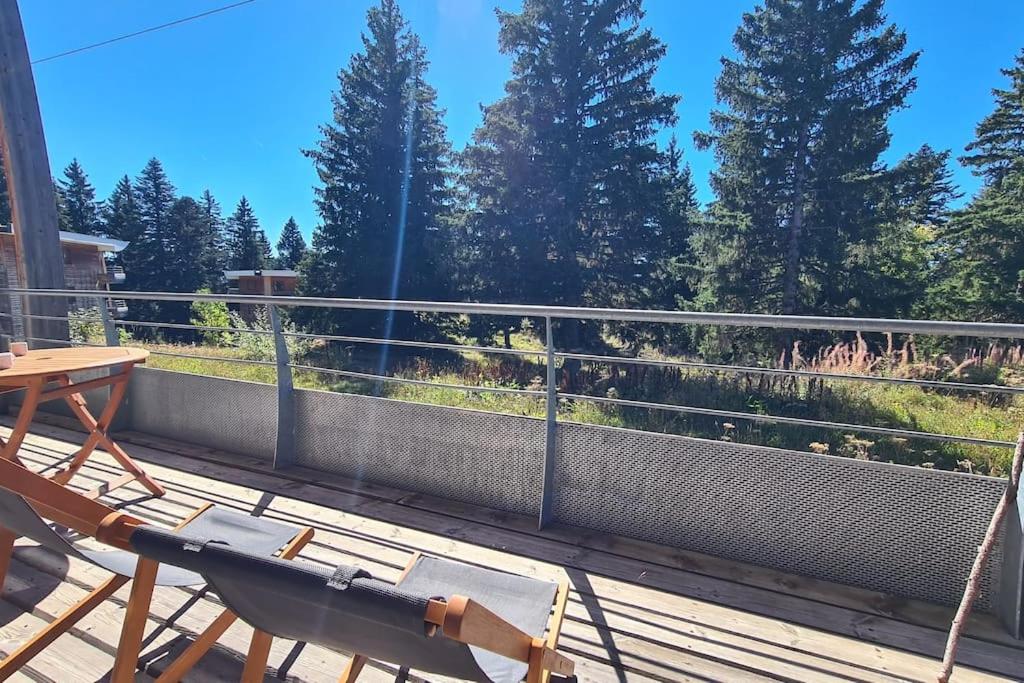 eine Terrasse mit einer Hängematte und einem Tisch auf dem Balkon in der Unterkunft Chamrousse, 50m piste, wifi +, terrasse vue sapins in Chamrousse