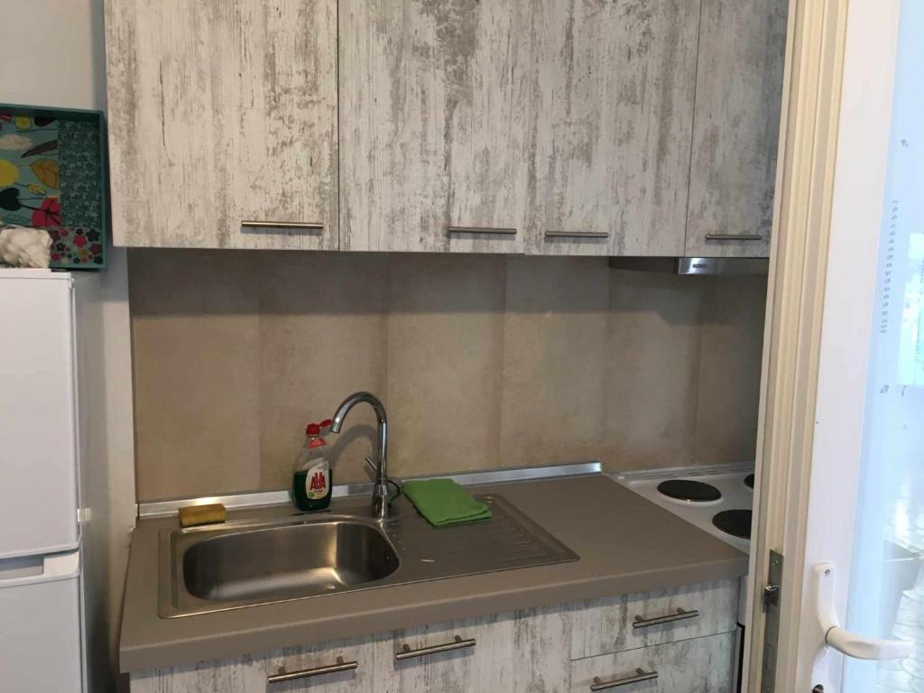 uma cozinha com um lavatório e uma bancada em Maria Apartments em Kavala