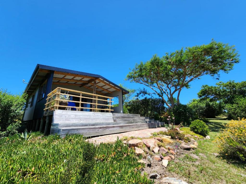 ein Gebäude auf einem Hügel mit einem Baum im Hintergrund in der Unterkunft Caracal Cottage in Plettenberg Bay