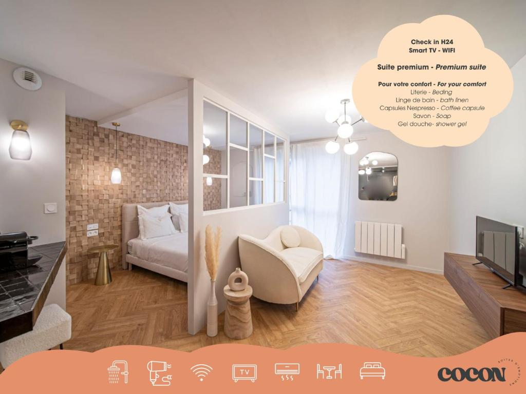 a living room with a bed and a tv at Suite Georgia - Check in h24 - Wifi in Villeurbanne