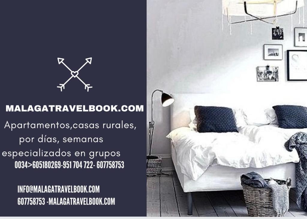 a bedroom with a bed and a poster with a picture of a nucleotide at malagatravelbook apartamentos centro historico de malaga in Cala del Moral