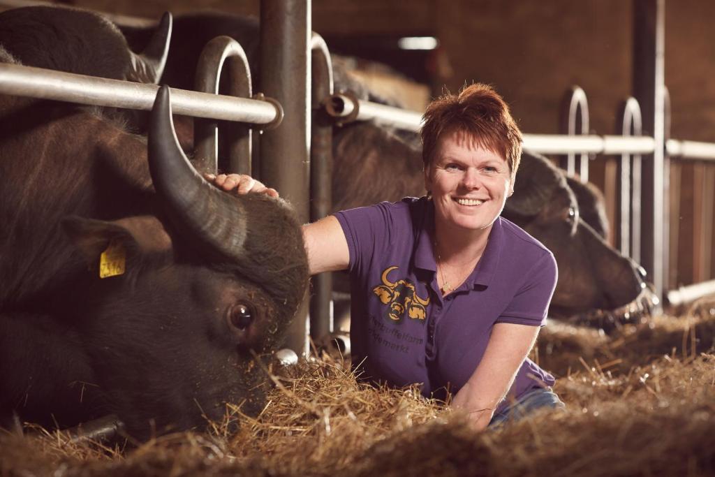 Una donna seduta nel fieno accanto a una mucca di Camping De Waterbuffelfarm a Oldemarkt