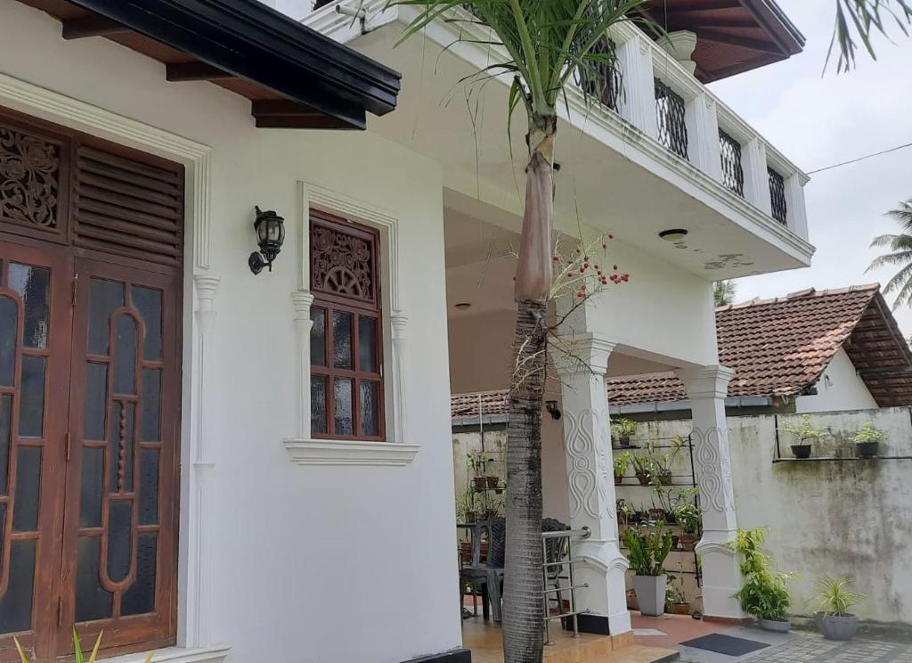 une maison blanche avec une porte et un palmier dans l'établissement Party allowed Ja Ela Luxury entire home with 4 rooms, à Ja-Ela