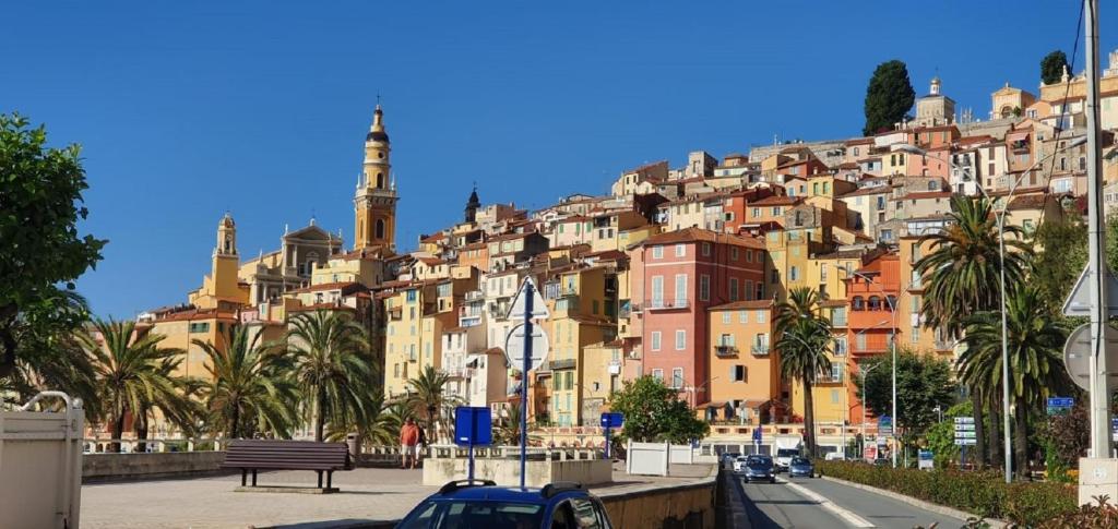 un bâtiment sur une colline avec des palmiers et une rue dans l'établissement Beautiful Menton apartment Les Sablettes, à Menton
