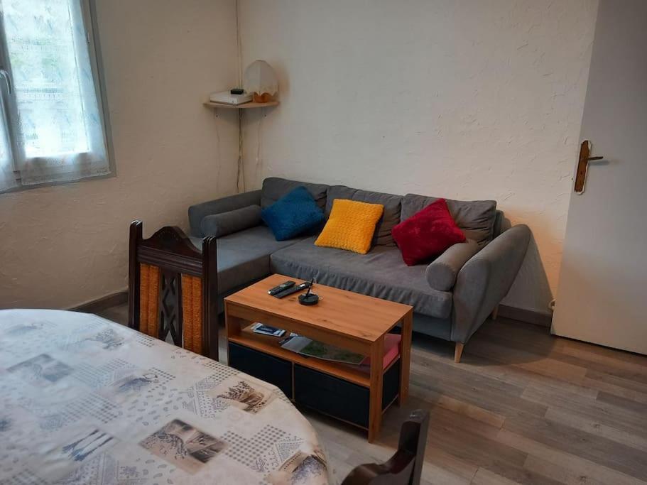 a living room with a couch with colorful pillows on it at T4 plein centre ville in Lourdes