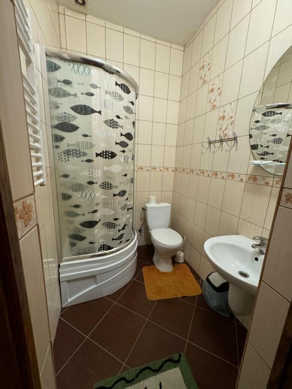 a bathroom with a shower and a toilet and a sink at Лаціо in Berehove
