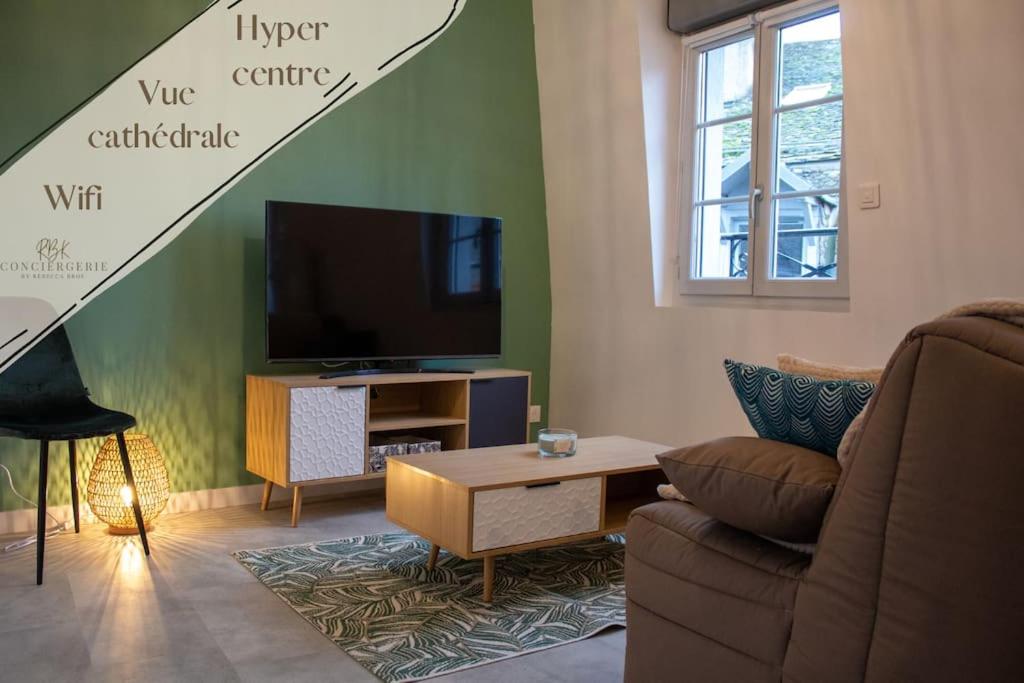 ein Wohnzimmer mit einem Sofa und einem TV in der Unterkunft Le Fontaine - Hyper Centre - Vue Cathédrale - Wifi in Mende