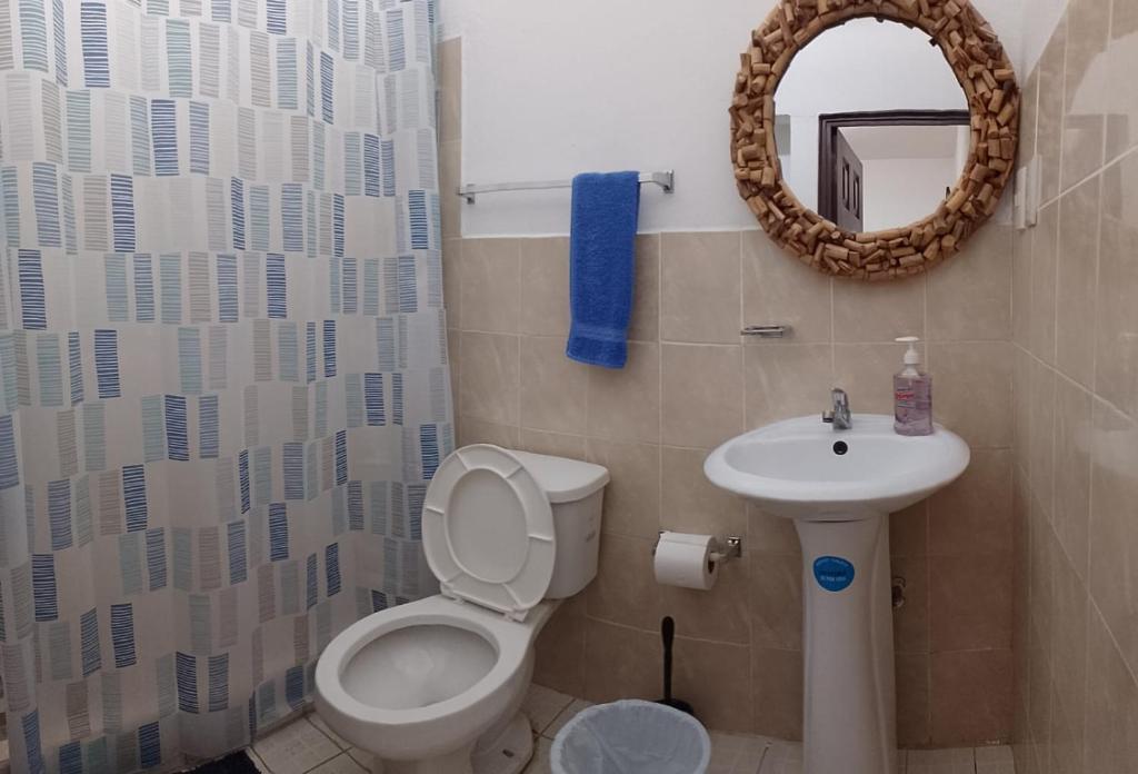 a bathroom with a toilet and a sink and a mirror at Apartamentos Mundo Maya Habitaciones in Flores