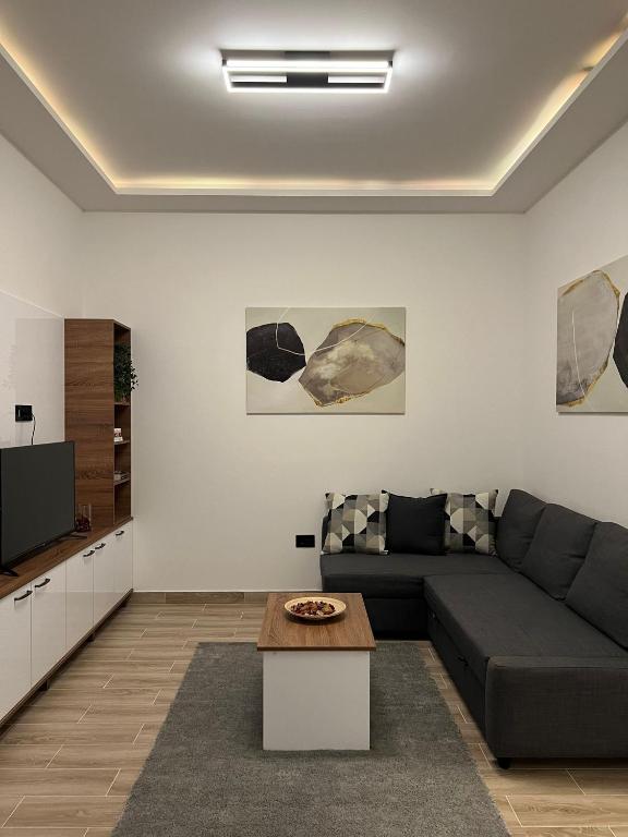 een woonkamer met een bank en een tv bij Top Slavija Apartment in Belgrado