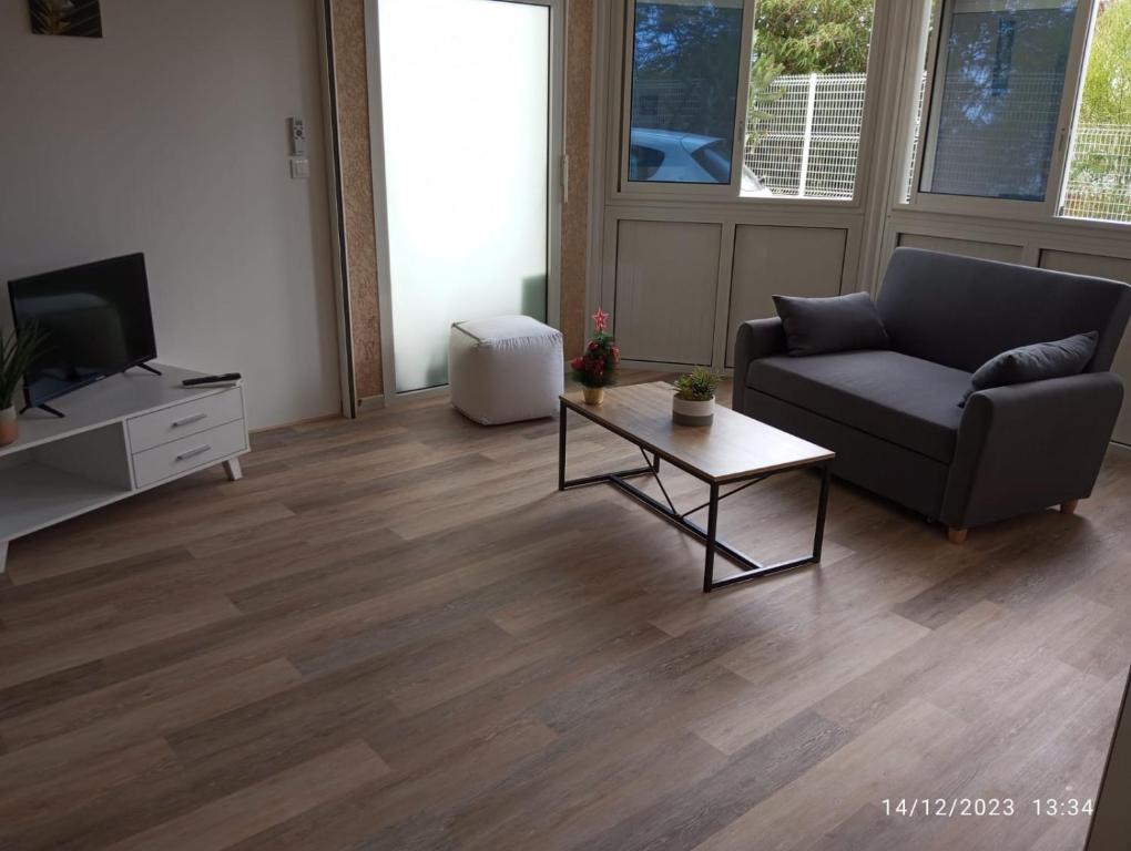 ein Wohnzimmer mit einem Sofa und einem Couchtisch in der Unterkunft Leu doux bruit des vagues in Saint-Leu