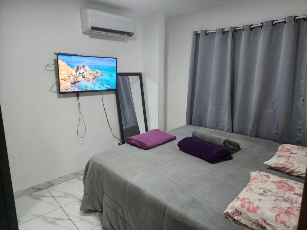 een kamer met een bed en een flatscreen-tv aan de muur bij Apartamento verão in Vila Velha