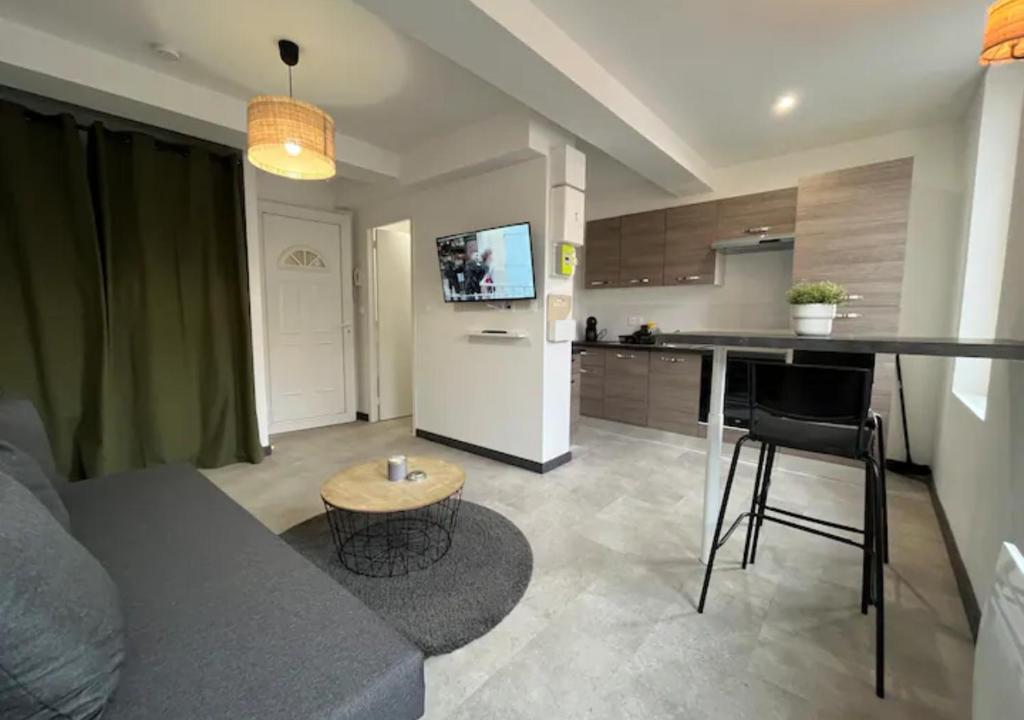 uma cozinha e sala de estar com um sofá e uma mesa em RESIDENCE LES JOYAUX em Muret