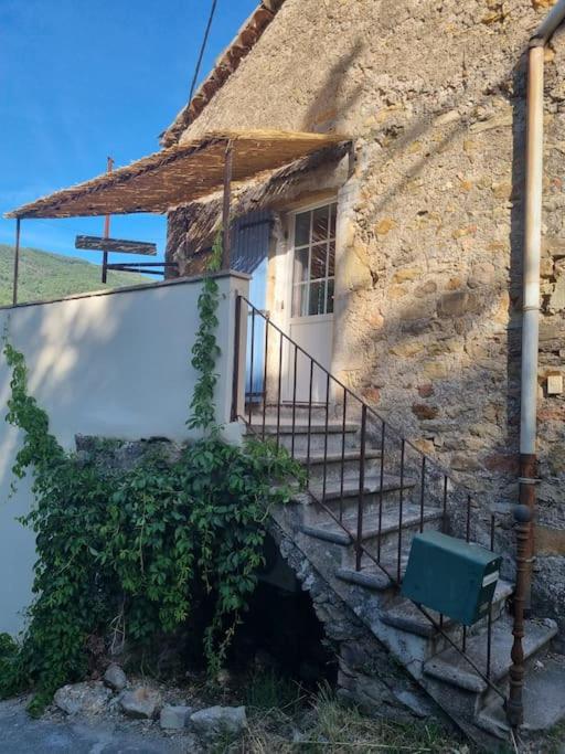 une maison en pierre avec un escalier menant à une porte. dans l'établissement Gîte de la tourterelle, à Saint-Florent-sur-Auzonnet