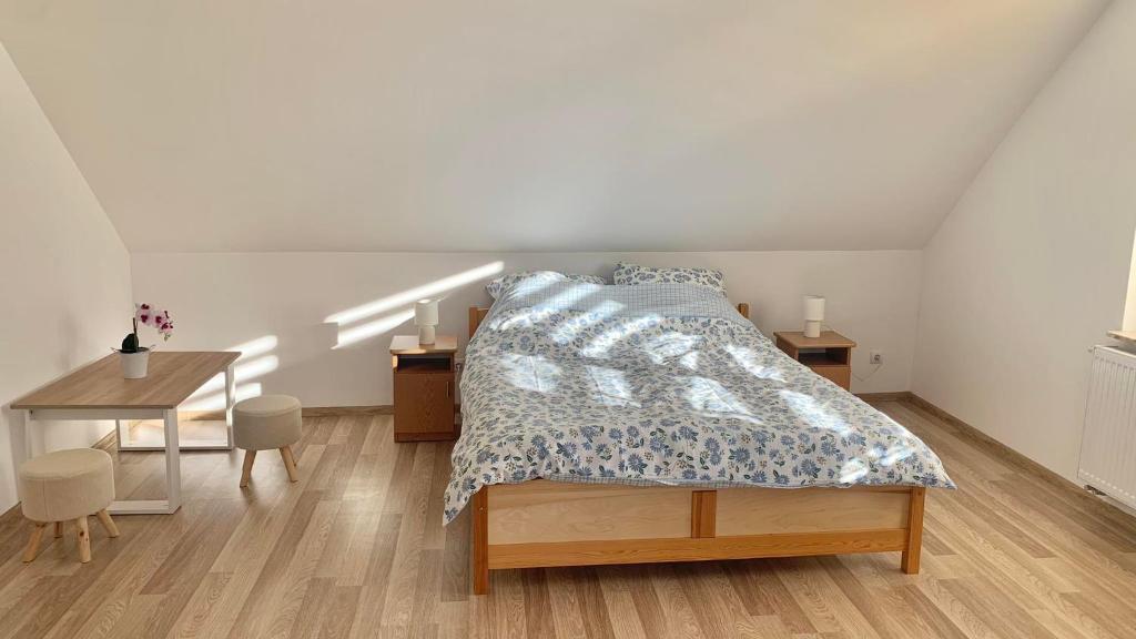 um quarto com uma cama, uma secretária e uma mesa em Apartament Borowik em Kojszówka