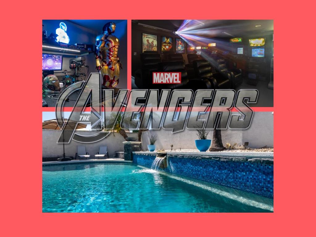 a magazine cover of a swimming pool with the words marvel avengers at Avengers Campus: Heated Pool, Theater, Arcade+ in Buena Park