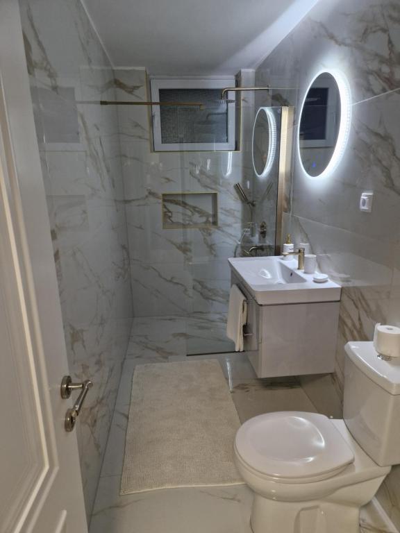 a white bathroom with a toilet and a sink at Stan na dan Jelica Stanivuković in Šid