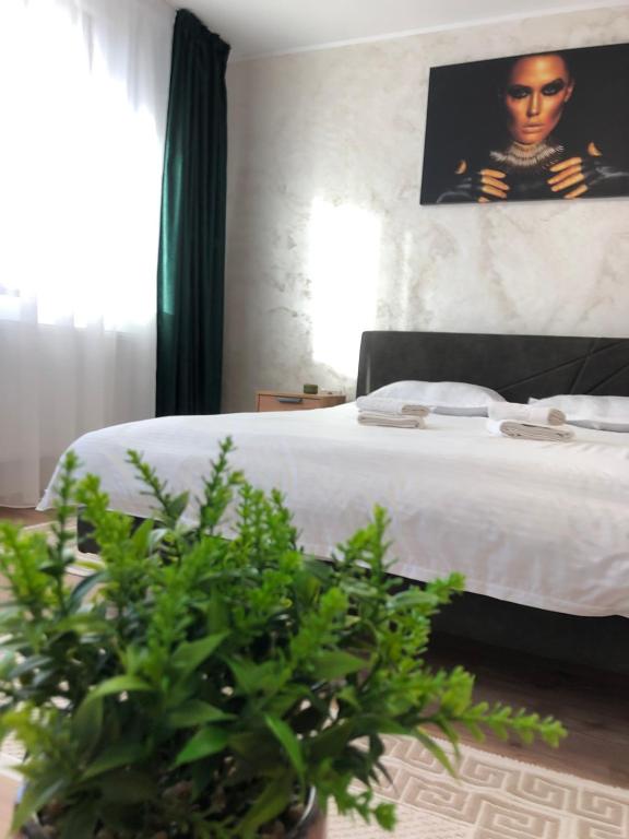 een slaapkamer met een bed met een foto aan de muur bij STEFANIA in Piatra Neamţ