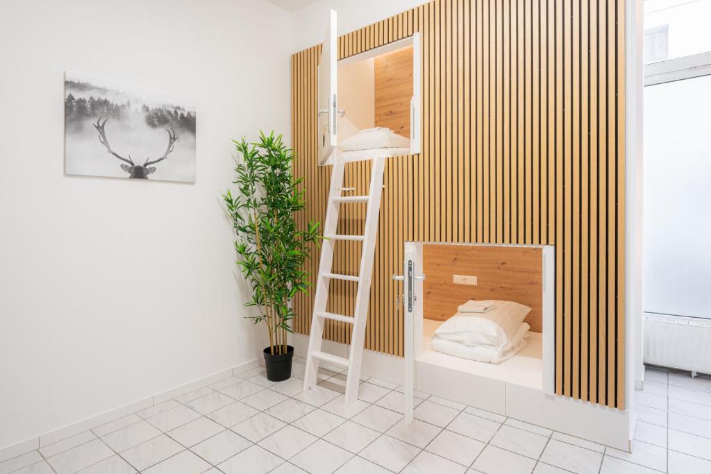 a room with a bunk bed with a ladder at Robin Wood Apartment in Vienna