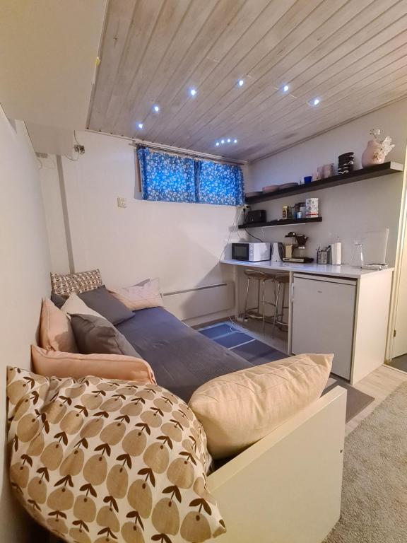 ein Wohnzimmer mit einem Sofa und einem Tisch in der Unterkunft Rauhallinen kaksio Lahdentie tuntumassa, lentokenttämajoitus ja sähköauton latauspiste in Vantaa