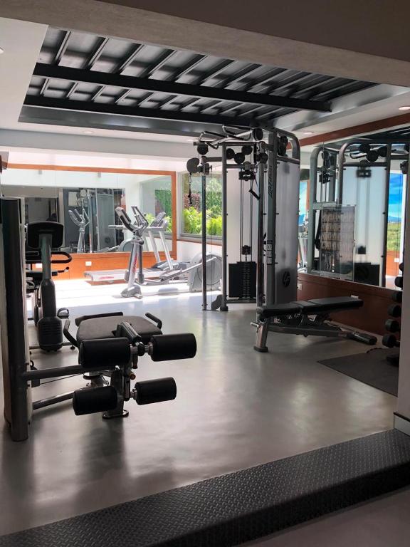 A mirrored fitness room with cardio equipment, cable machines and a weight bench.