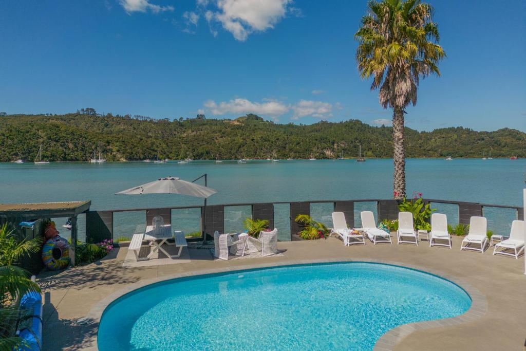 a swimming pool with a view of the water at Oceans 88 Whitianga Coastal Suites in Whitianga