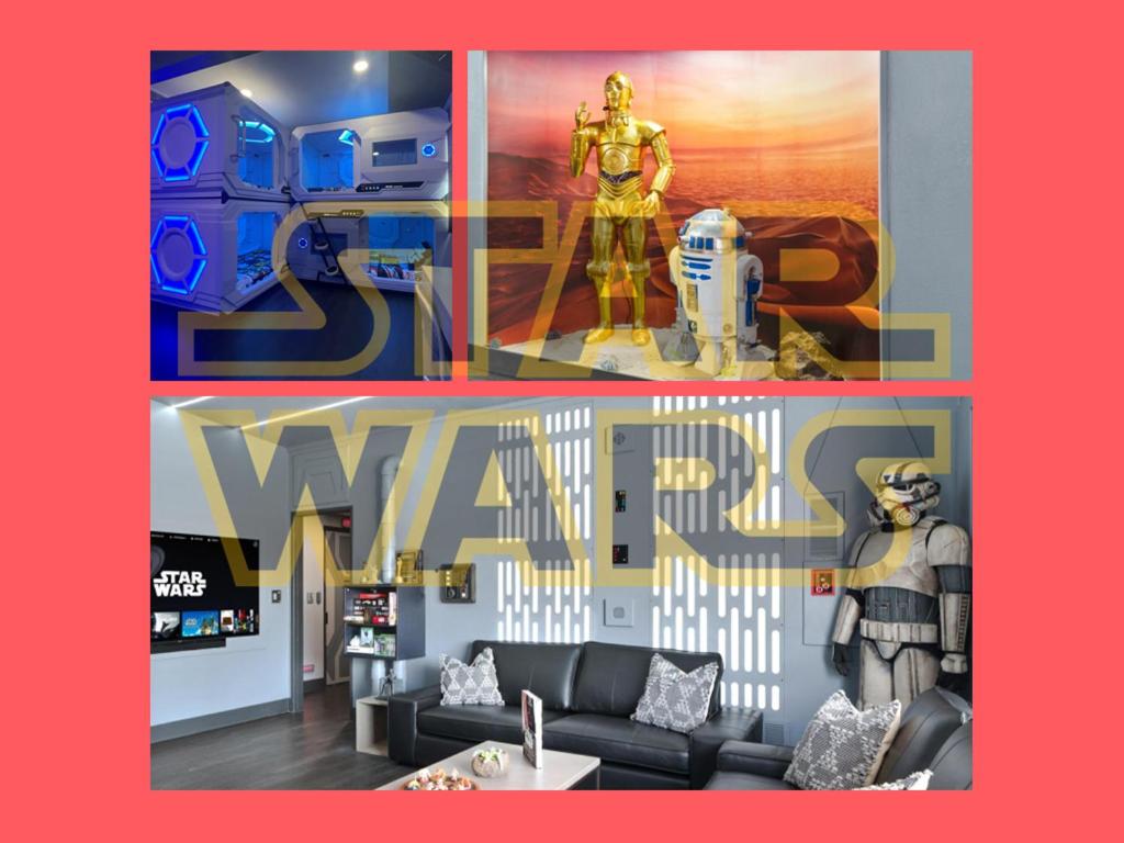 a living room with a spider man poster and a marvel room at Galactic Dream: Arcade, Theater, Minigolf, & more! in Garden Grove