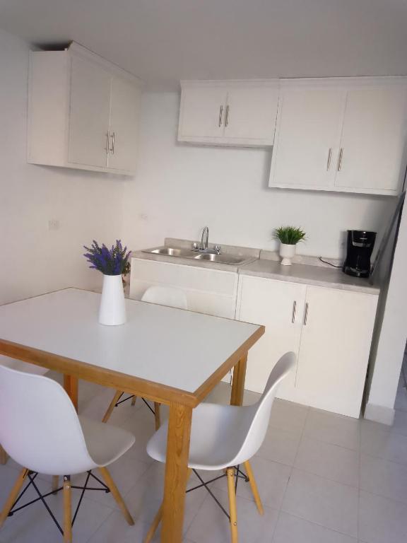 a kitchen with white cabinets and a table and chairs at Departamento por dia in Nuevo Casas Grandes