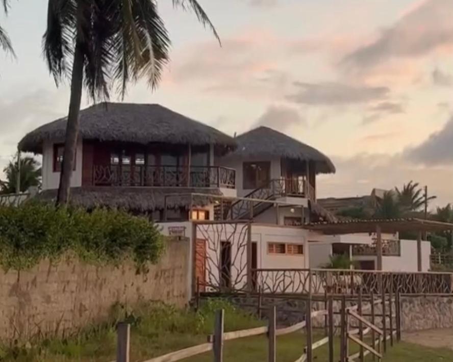 une maison avec un toit de chaume et un palmier dans l'établissement Vila Caetanos, à Amontada