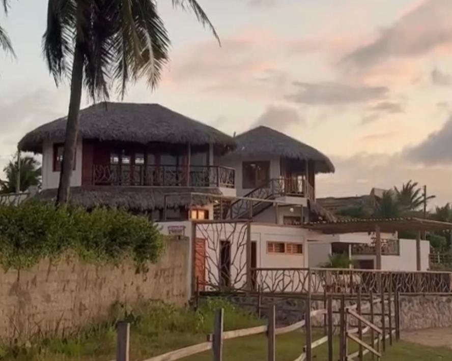 a house with a thatched roof and a palm tree at Vila Caetanos in Amontada