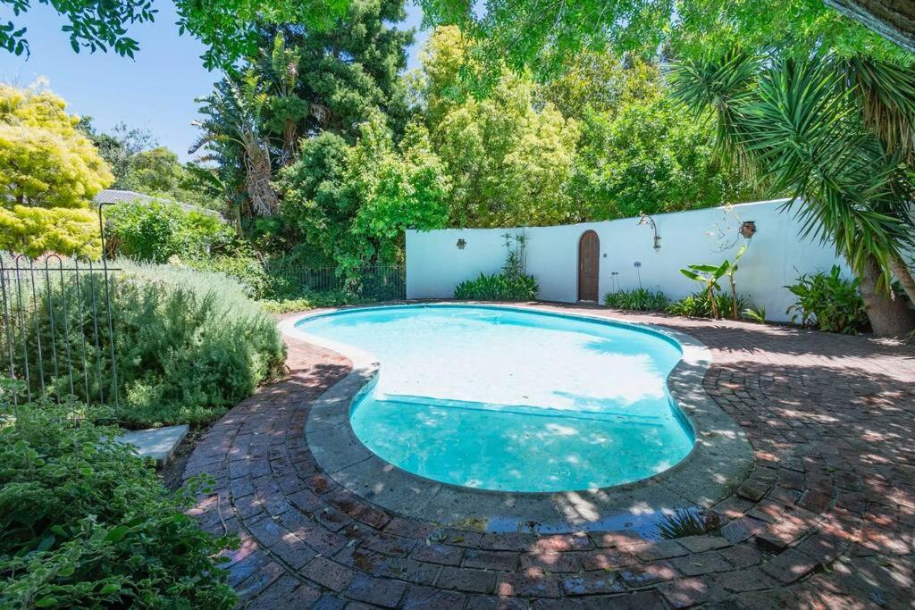 a small swimming pool in a yard with trees at Spacious family Home in Constantia with Pool in Cape Town