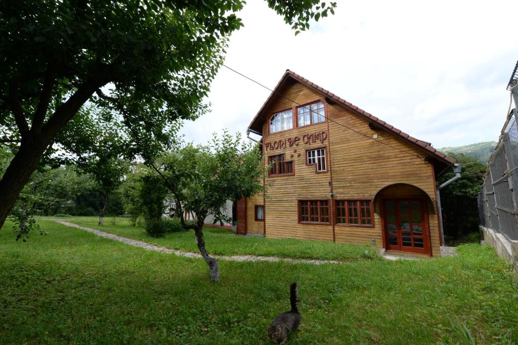 una casa de madera en un campo con dos pájaros en el césped en Pensiunea Flori de Camp, en Vatra Dornei