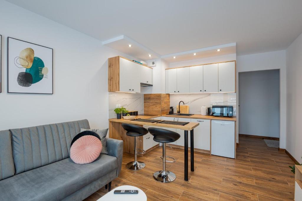 ein Wohnzimmer mit einem Sofa und einer Küche in der Unterkunft Vip Apartamenty Niecia z klimatyzacja in Rzeszów