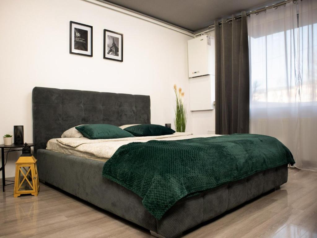 1 dormitorio con 1 cama grande con manta verde en Best Studio Central, en Hunedoara