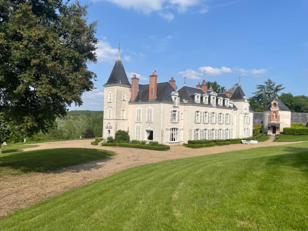 un grand château blanc avec une grande cour dans l'établissement Château dans le Val de Loire, à Coulanges