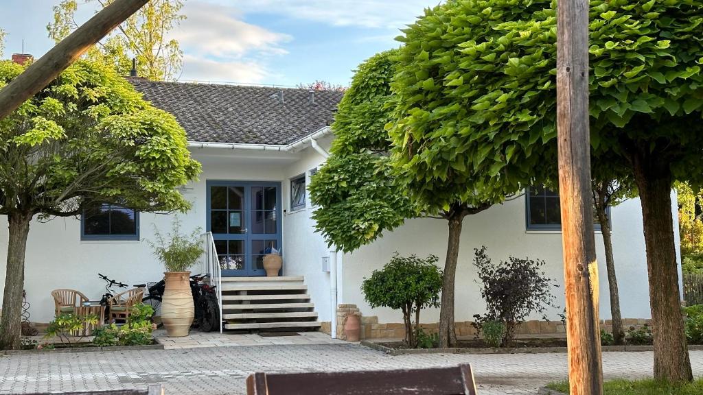 a white house with trees in front of it at Gästehaus Eschment in Bissersheim