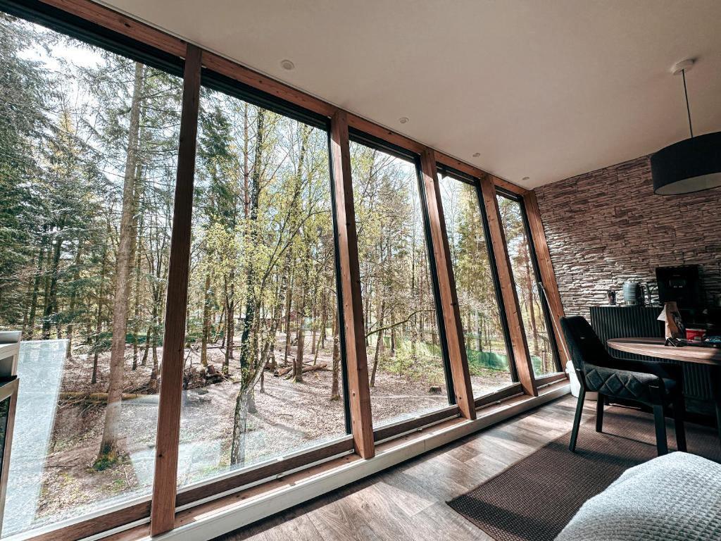 Zimmer mit großen Fenstern und einem Tisch mit Stuhl in der Unterkunft Tree Inn - Das Baumhaushotel in Dörverden