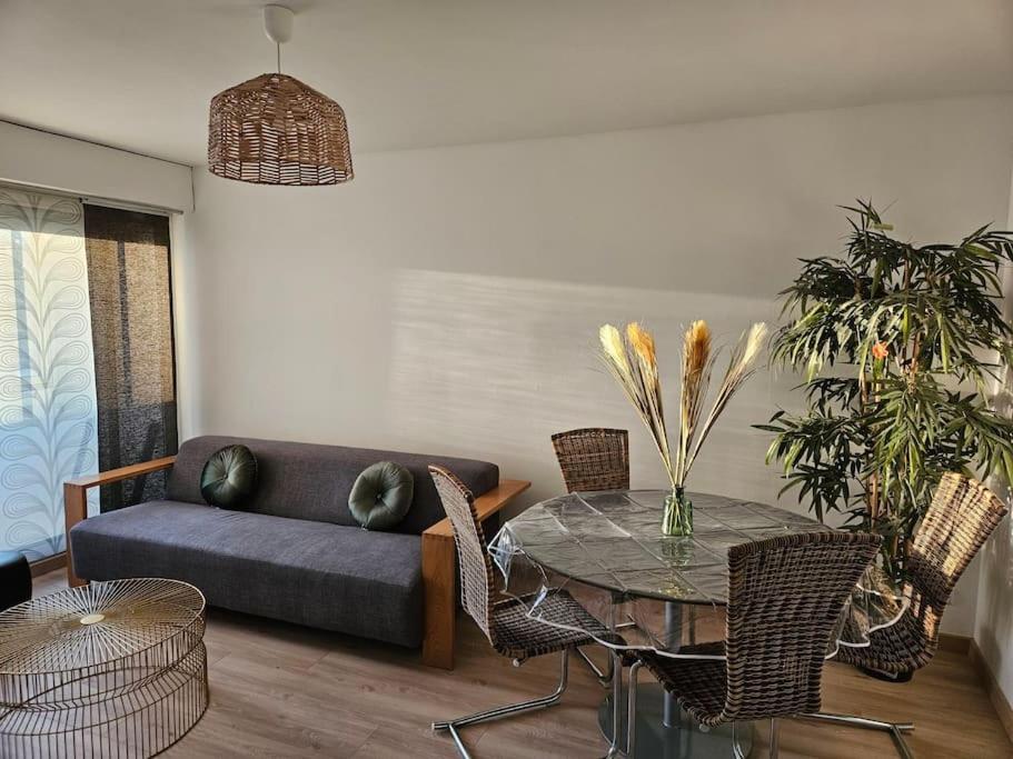 uma sala de estar com um sofá e uma mesa de vidro em Appartement proche gare aéroport Mulhouse em Riedisheim