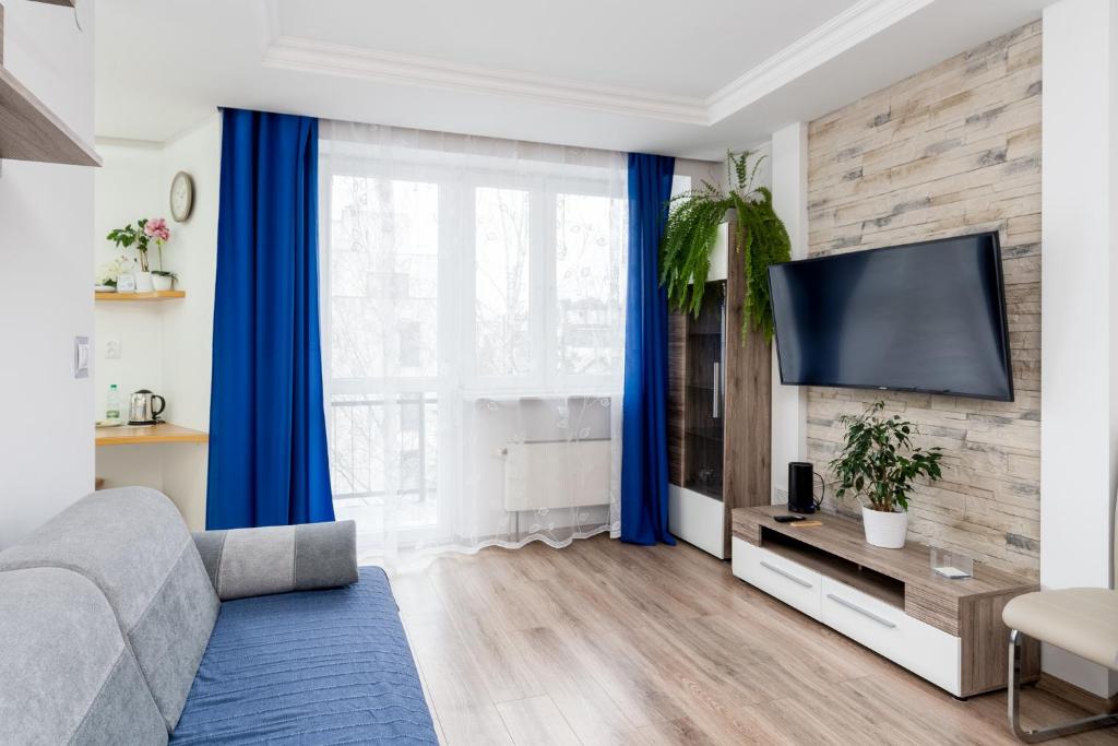 Televízia a/alebo spoločenská miestnosť v ubytovaní Park Białoprądnicki Blue Studio