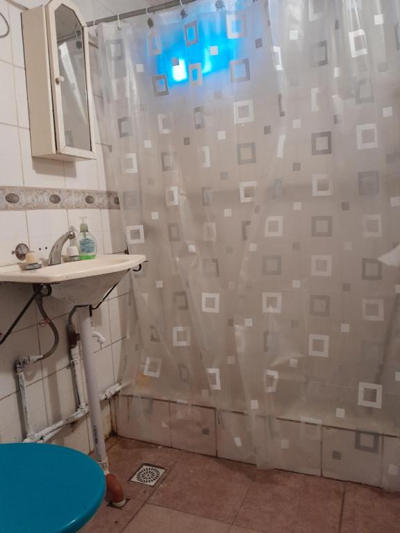 uma casa de banho com uma cortina de chuveiro e um lavatório em Los Aloes, Casa de campo em Las Toninas