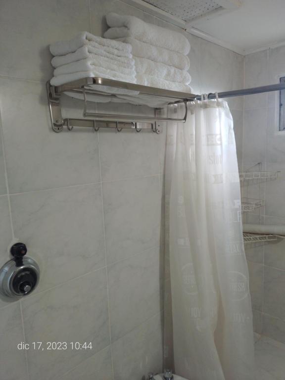 a bathroom with a shower with a shower curtain and towels at Lo de Ramón in San Carlos de Bariloche